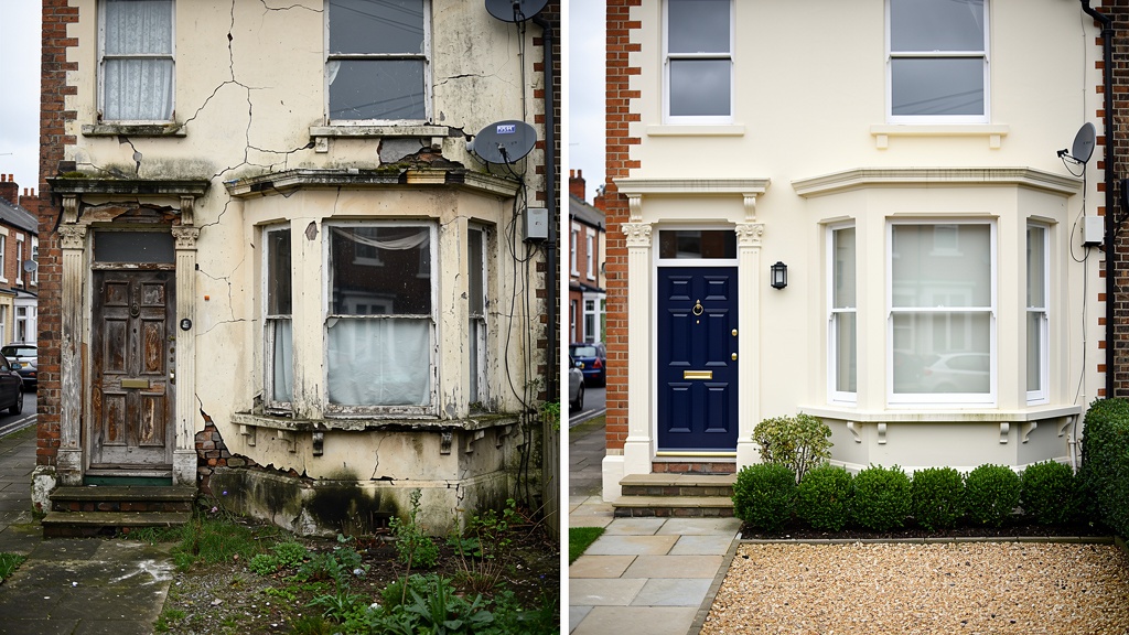 Before and after comparison: a Victorian terraced house in Hounslow showing structural issues before survey and fully renovated after survey recommendations
