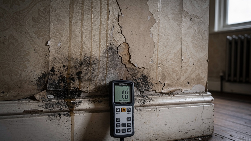 Damp and moisture staining on interior wall of Victorian terraced house with surveyor's moisture meter