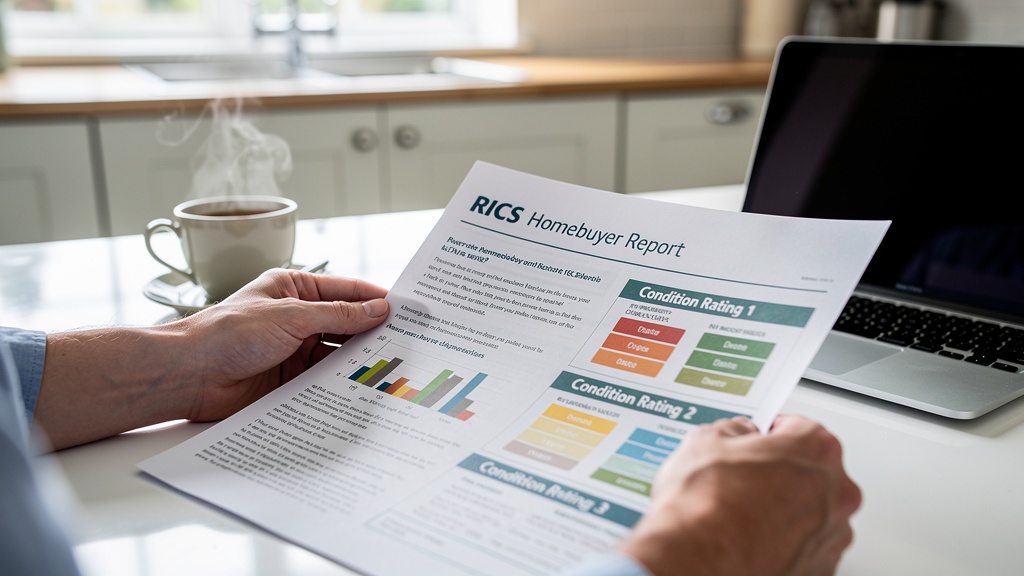 Property buyer reviewing a RICS homebuyer survey report at kitchen table