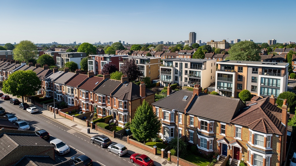 Aerial view of Hounslow residential area showing modern apartment blocks and terraced houses