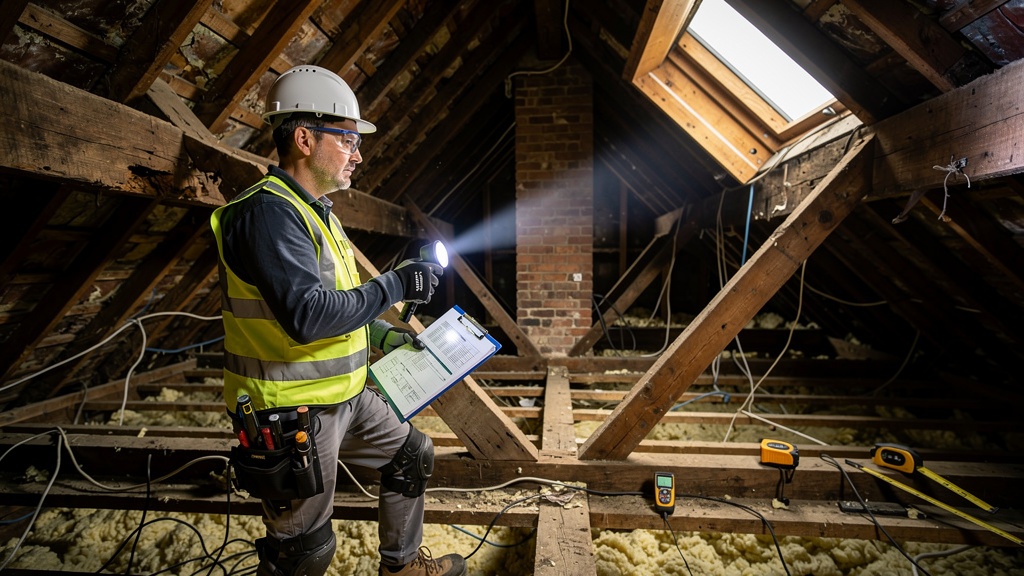 Surveyor inspecting roof timbers and structure in loft space of Victorian terraced house