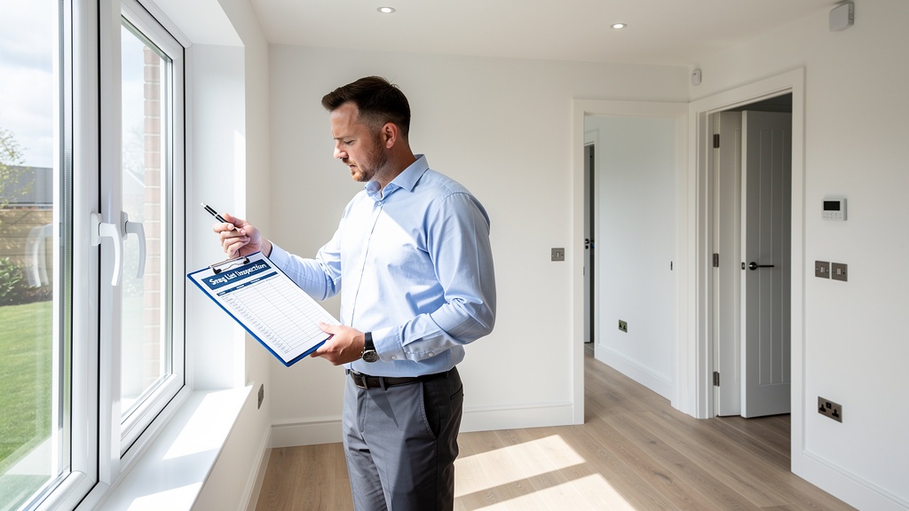 Professional snagging surveyor inspecting new build property interior finishes