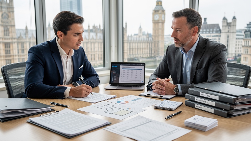 RICS Registered Valuer reviewing property valuation report with conveyancing documents in professional London office