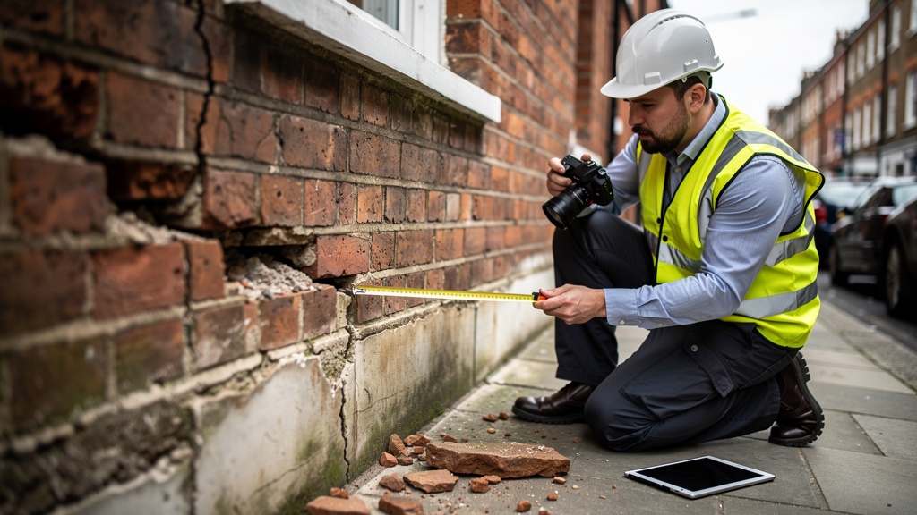 Building surveyor inspecting subsidence cracks in a Victorian terraced house in Hounslow