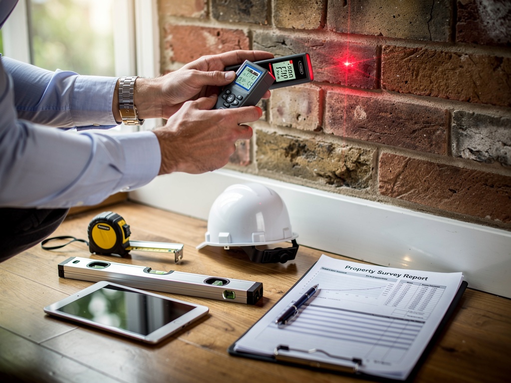 Professional surveying equipment including moisture meter, measuring tape and clipboard laid out for a property inspection in Hounslow