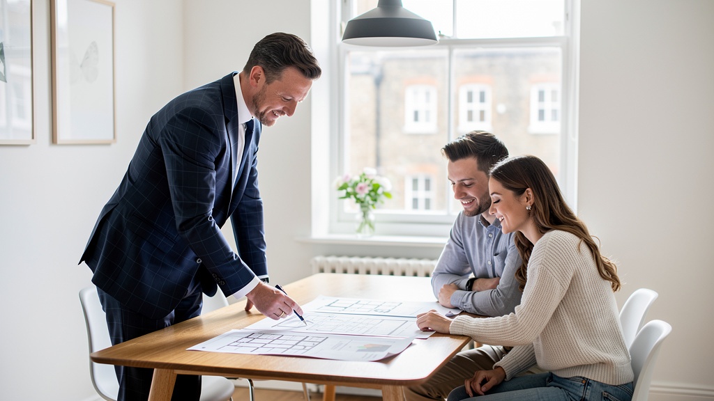 Chartered surveyor presenting survey findings to first-time buyer couple in Hounslow home
