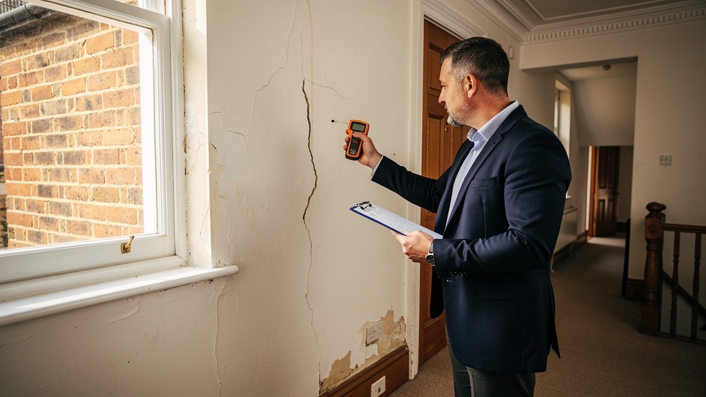RICS accredited surveyor conducting thorough building inspection of Victorian terraced house in Hounslow with clipboard and professional equipment